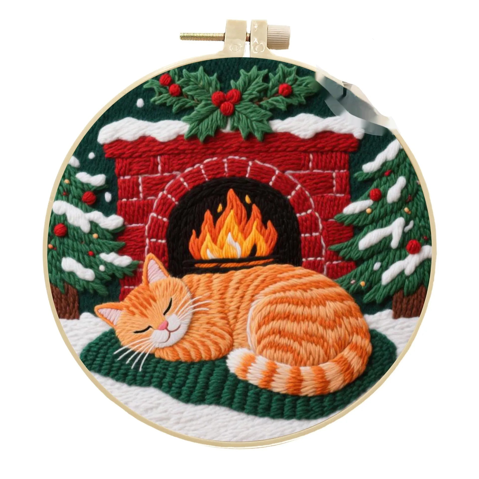 Cat embroidery DIY kit with autumn fruit design on fabric and a 20cm imitation bamboo embroidery frame