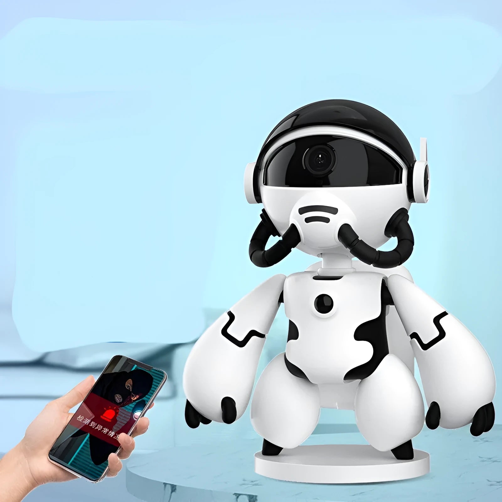 Space Robot smart home monitor in white and black colours on its detachable base.