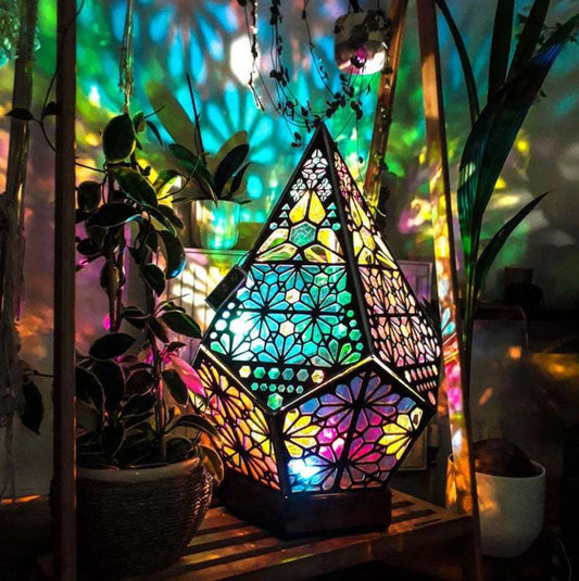 Wooden projection lamp with 3D diamond-shaped lights and colourful prism ring effects, creating a cosy and enchanting atmosphere