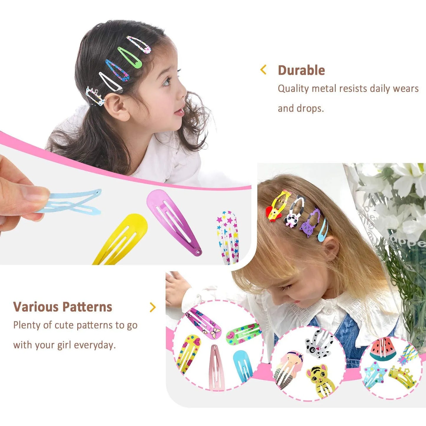 Assortment of 100 hair clips with cartoon designs including animals, fruits, crowns and stars in bright colours
