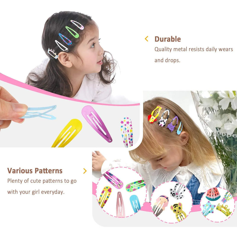 Kids hair clips set of 100 pieces with no-slip metal snap barrettes for girls featuring cute cartoon designs in assorted shapes including animals, fruits, crowns, stars and drop shapes with flower patterns in bright candy colours