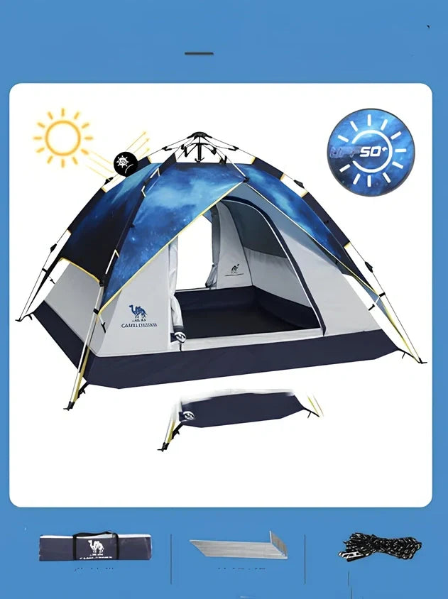 Blue automatic folding picnic tent unfolded at 220x190x120cm for 3-4 people with waterproof Oxford fabric and glass fibre poles
