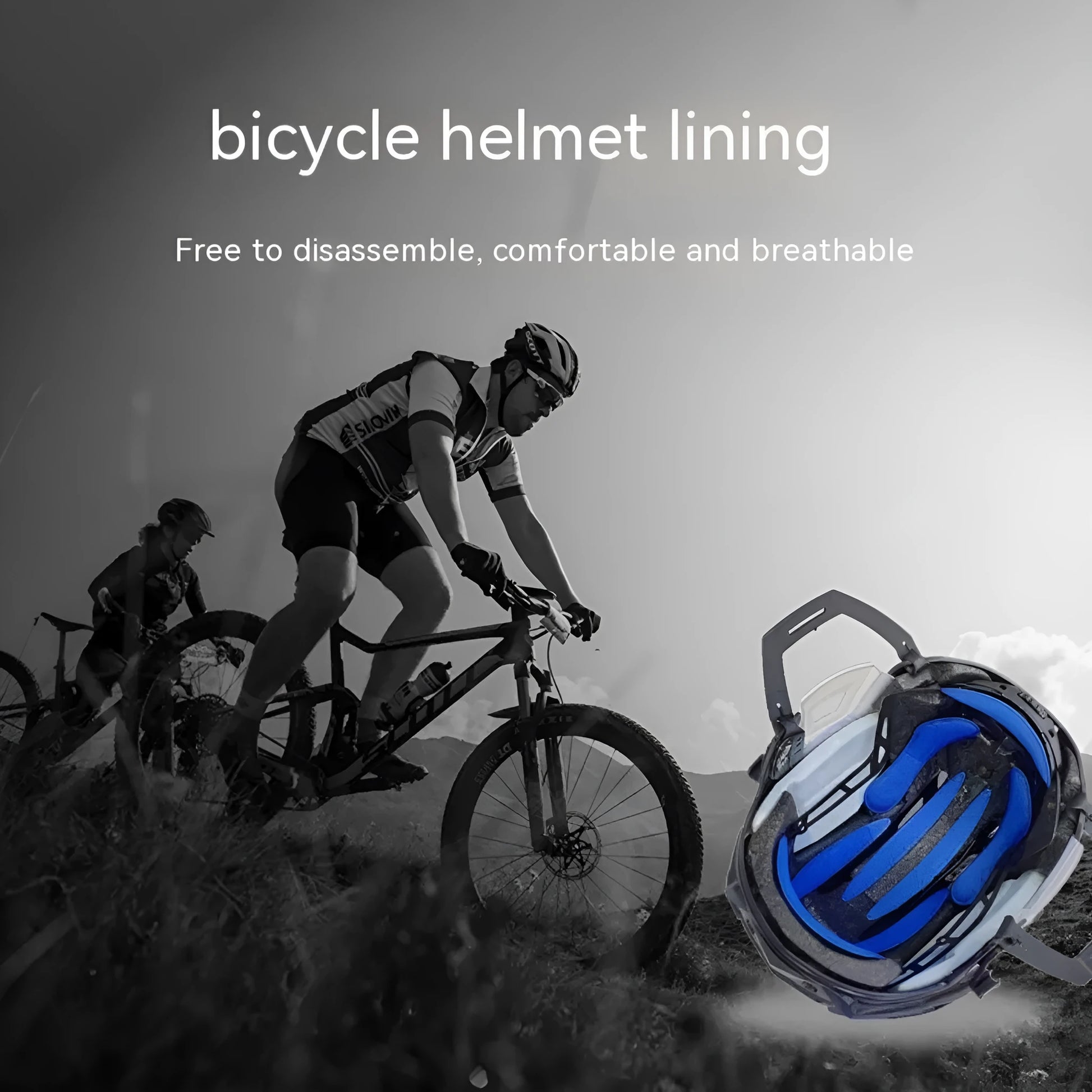 Cycling helmet liner with velcro chin pad in blue, black, red and grey colour options