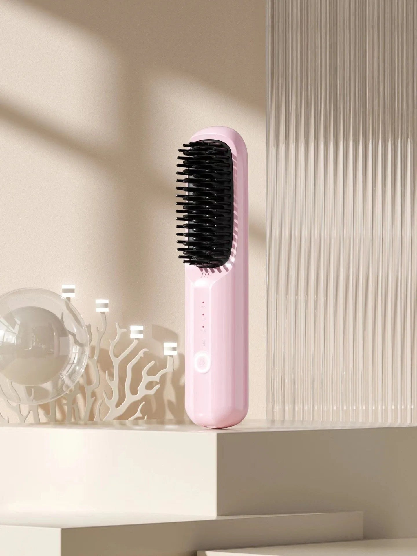 Wireless anion hair straightening comb in beige colour with Type-C charging port