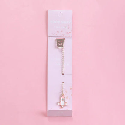 Alloy metal cartoon pendant bookmark with colourful charms including panda, rocket, and wishing bottle designs