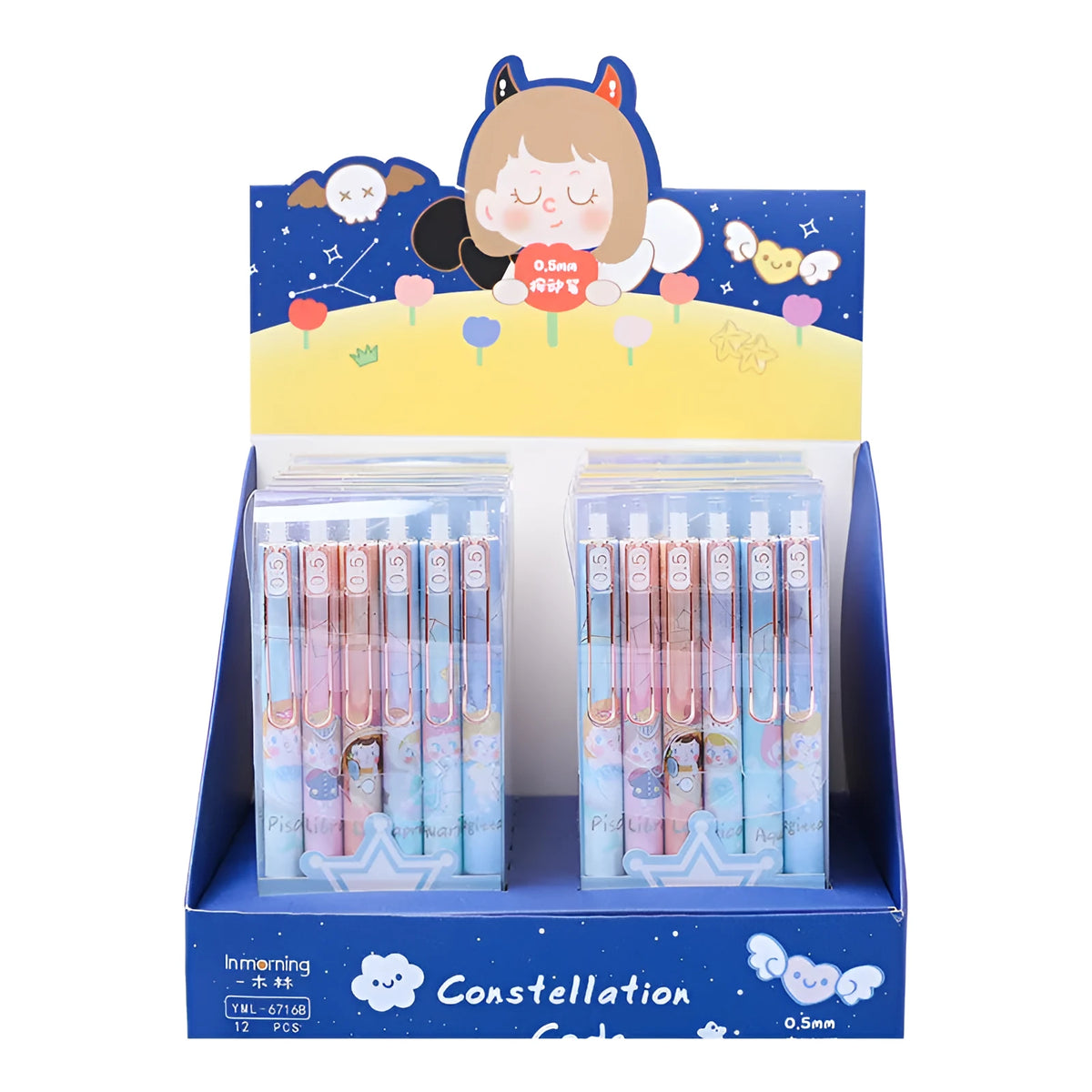 Six Lisa's Secret Constellation press gel pens showing 0.5mm tips and star pattern designs on plastic barrels