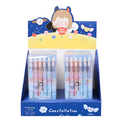 Six Lisa's Secret Constellation press gel pens showing 0.5mm tips and star pattern designs on plastic barrels