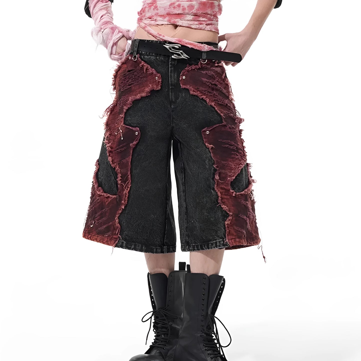 Women's distressed denim cropped wide-leg pants with brushed stitching and mid-high waist