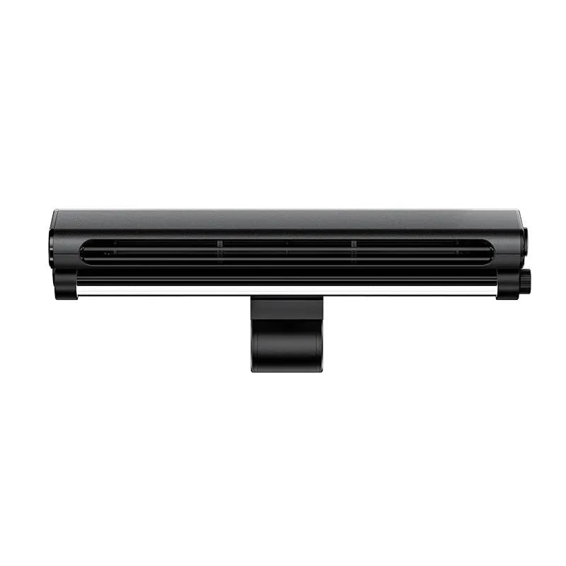 Black USB bladeless fan clipped to laptop screen showing 32.5cm width and eye-protection lamp