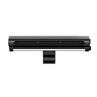 Black USB bladeless fan clipped to laptop screen showing 32.5cm width and eye-protection lamp