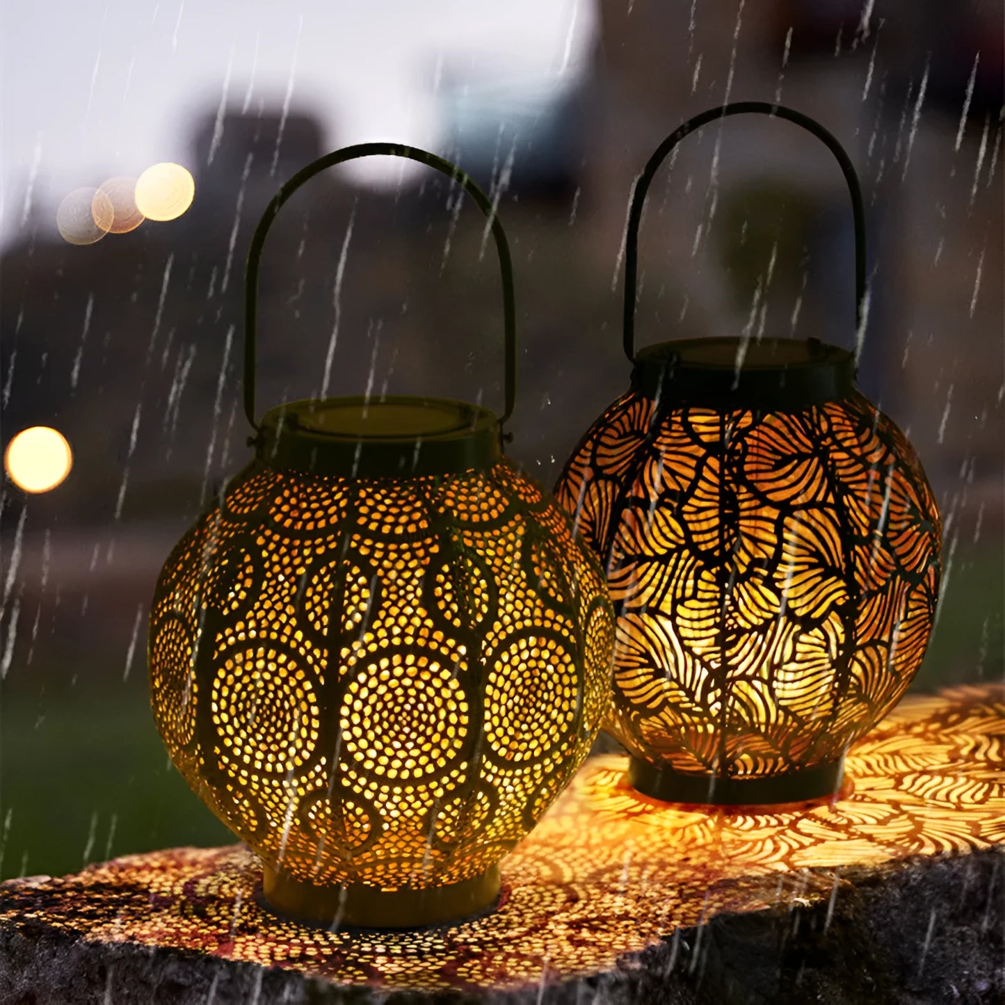 Solar-powered iron courtyard lamp with hollow decorative design and warm white LED lighting