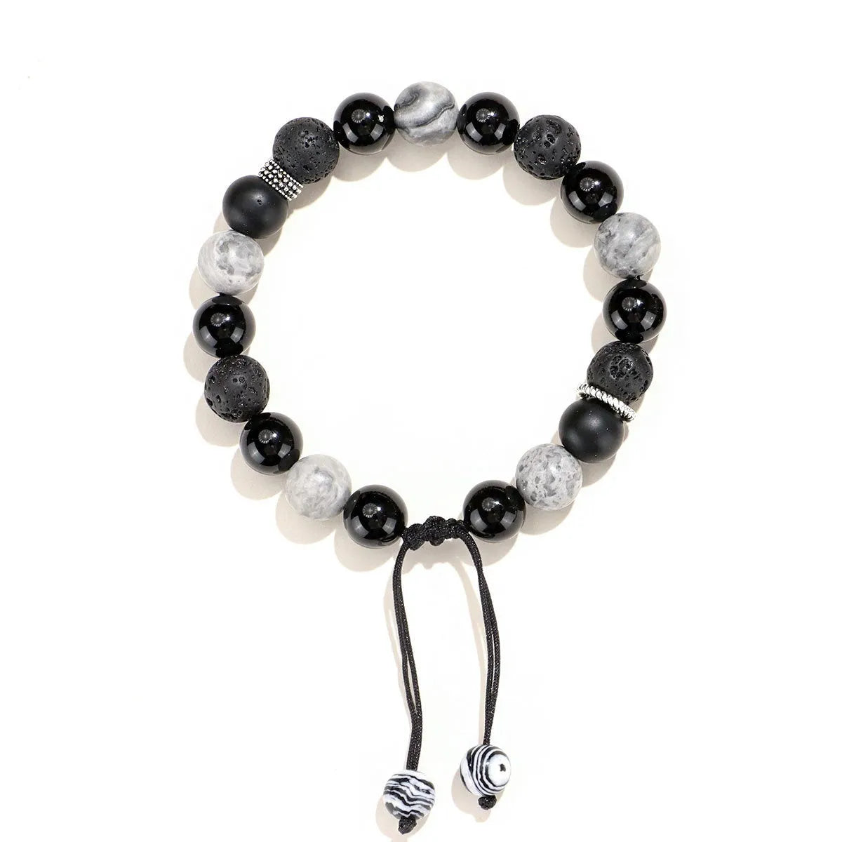 New Chinese Style black agate map stone volcanic rock bracelet with diamond-shaped stones for men and women.