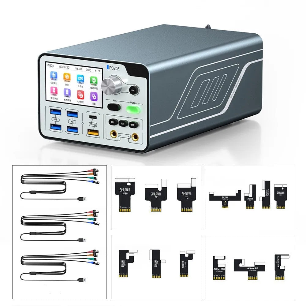 320W intelligent regulated power supply with 3.0-inch IPS display, alligator clips, and boot lines for electronic testing