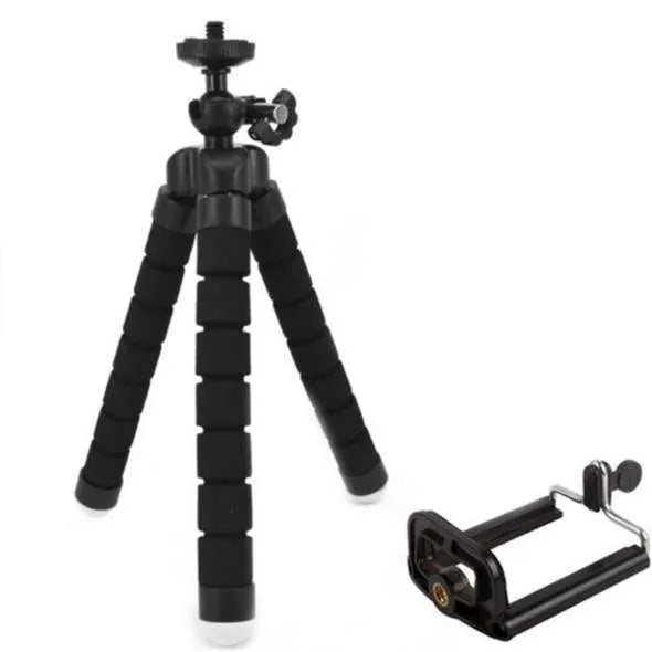 Black flexible octopus tripod with legs wrapped around a pole, holding a smartphone with a clip mount.