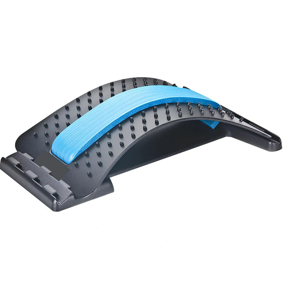 Black back massager with magnetic acupuncture points and adjustable stretch settings on grey background