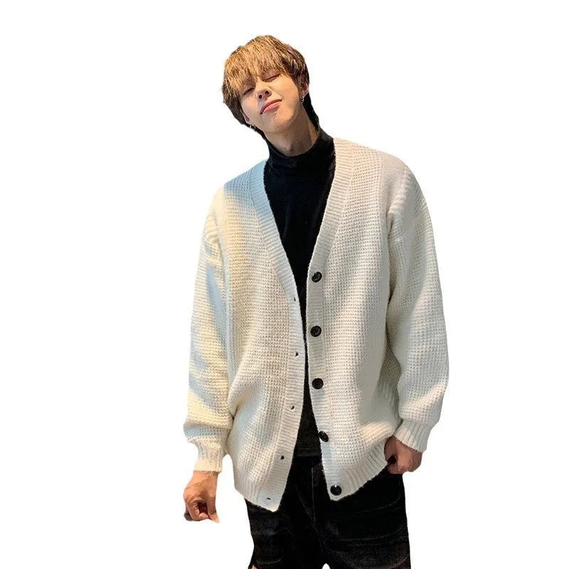 Men's Cotton Blend Knitting Sweater, Loose Fit Retro Simple Cardigan, Solid Colour V-Neck Long Sleeve Casual Pullover in Army Green, Black, Gray, Red, White