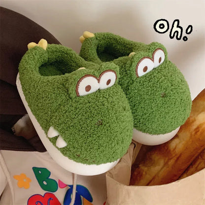 Green fuzzy slippers with dinosaur pattern, suede upper and EVA sole, indoor winter footwear for women