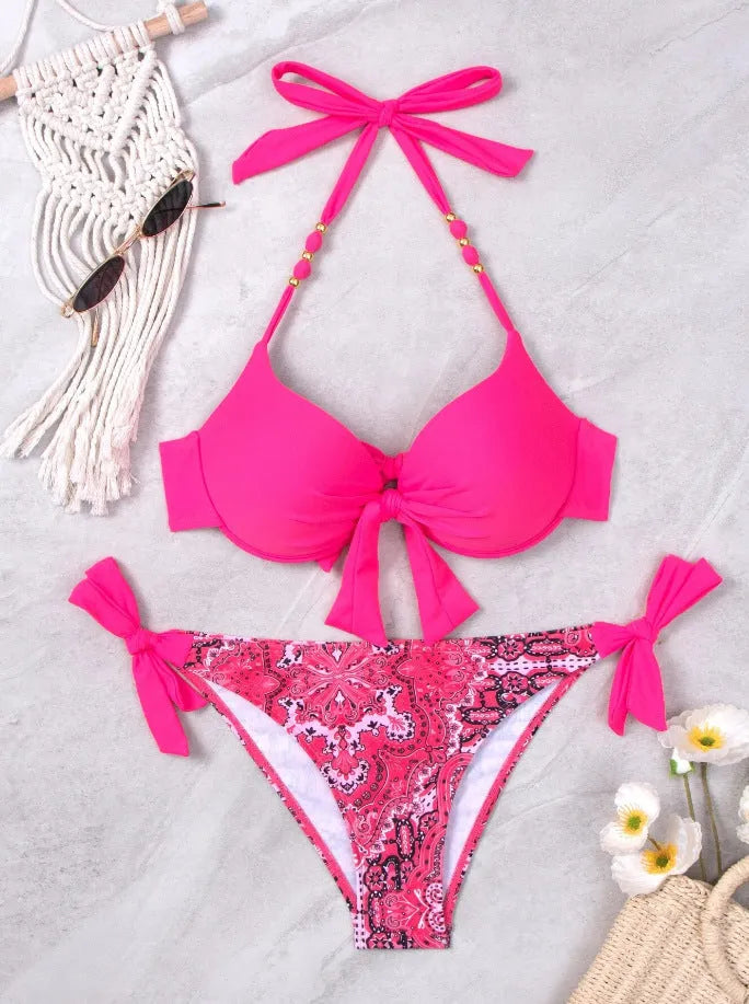 Ladies polyester bikini swimsuit set available in multiple colours including blue, red, and fluorescent green