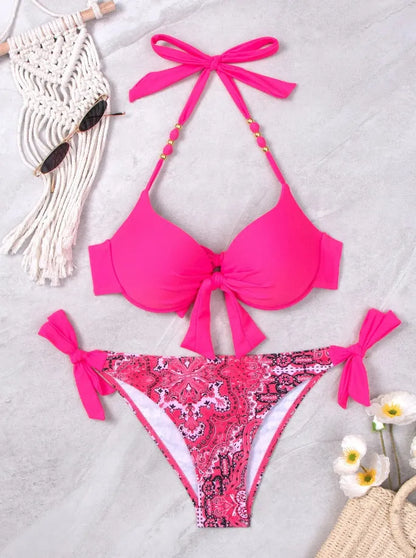 Ladies polyester bikini swimsuit set available in multiple colours including blue, red, and fluorescent green