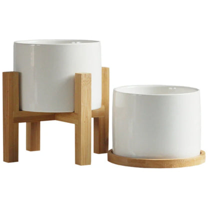 White ceramic flower pot with bamboo tray support for succulents and green plants