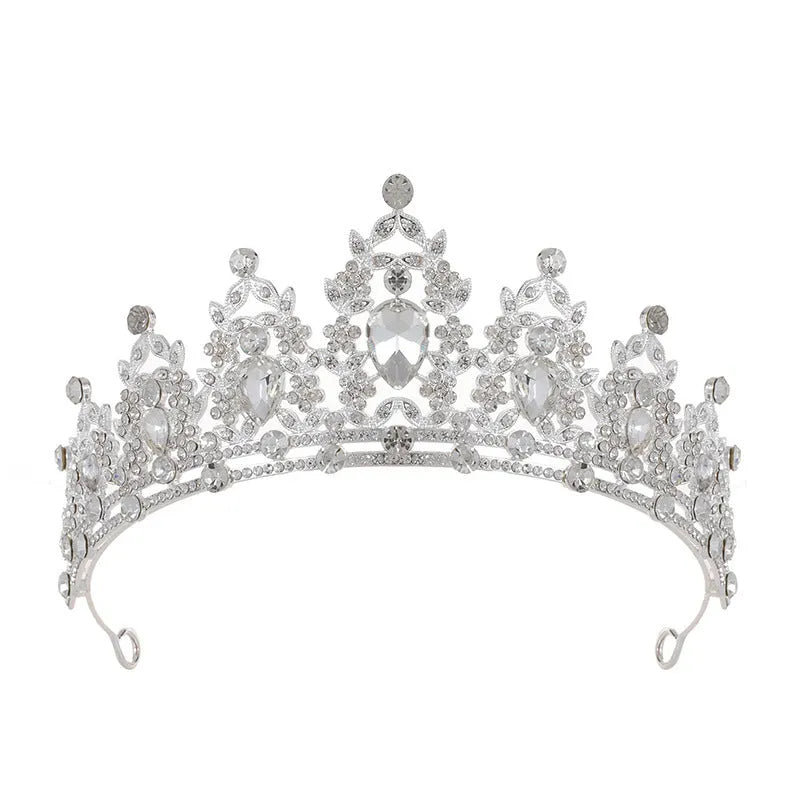 Baroque-style bridal crown headdress with sparkling rhinestones on a lightweight alloy frame, shown in silver colour.