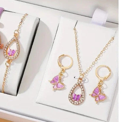 Women's 4PCS Butterfly Jewelry Set with diamond accents in red, pink, white, and black