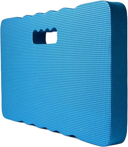 Blue waterproof plastic garden kneeler pad with central handle on grass