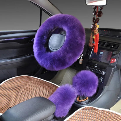 Wool steering wheel cover and handle cover set for car interiors