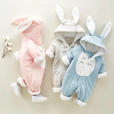 Cosy cotton hooded baby romper with charming cartoon design, perfect for keeping your little one warm and comfortable