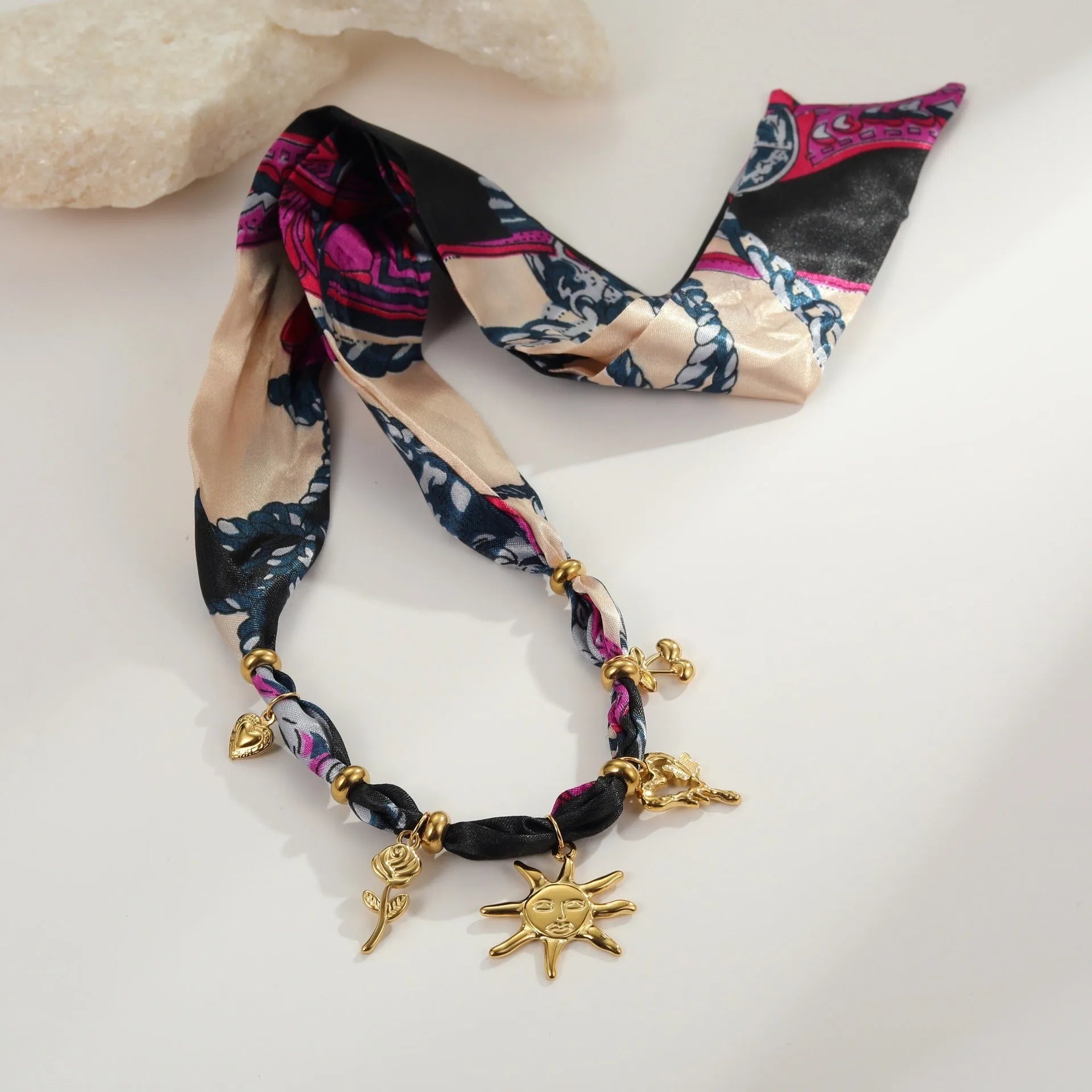 Stainless steel geometric sun pendant necklace on adjustable 41-50cm chain, autumn winter scarf series