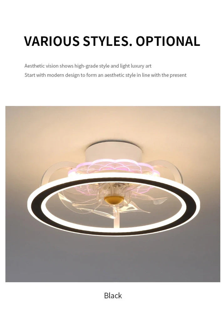 Modern bedroom ceiling fan lamp in white circle with metal blades and Yake shade, 80cm diameter for 220V use