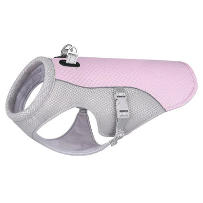 Orange polyester dog cooling vest with layered construction for evaporative cooling and UV protection.