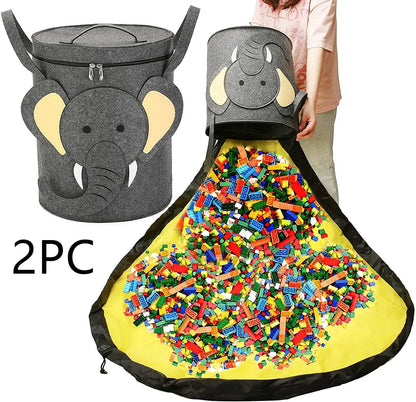 Green felt storage cube with pull rope unfolded flat to show 35cm square waterproof play mat