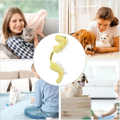 Set of four colourful plush cat toys: a mouse, a fish, a bunny, and a chew toy on a plain background.