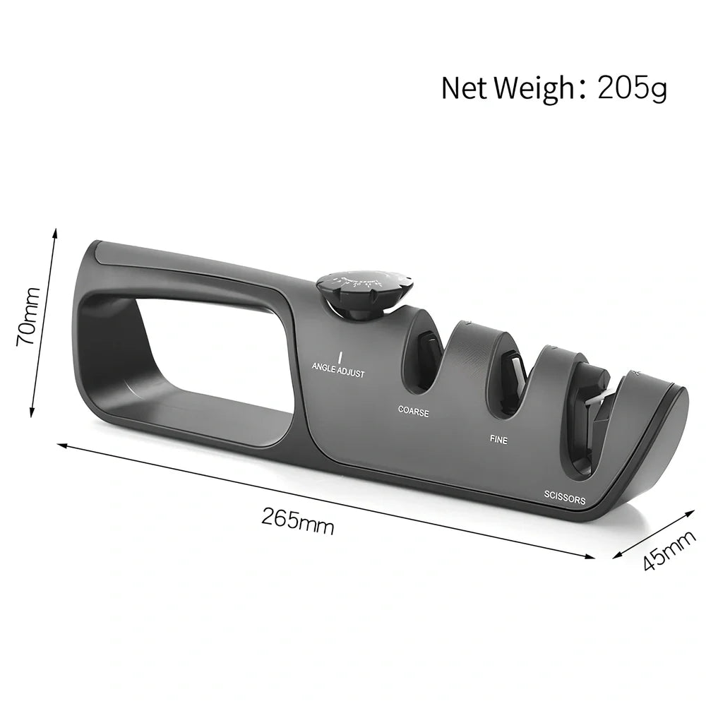 Grey-black manual sharpener with adjustable mechanism for knives and scissors measuring 265x70x45mm