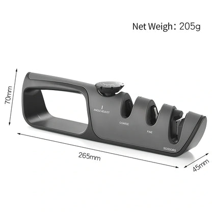 Grey-black manual sharpener with adjustable mechanism for knives and scissors measuring 265x70x45mm