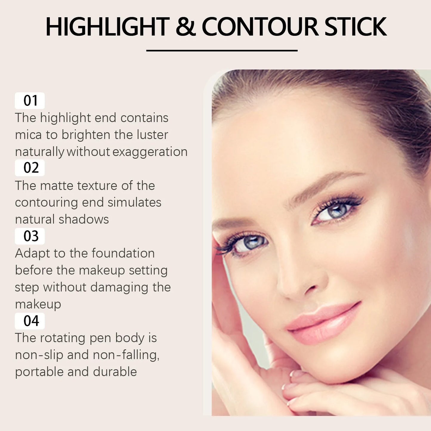 Dual-ended cream highlight and contour makeup stick showing three colour finish options