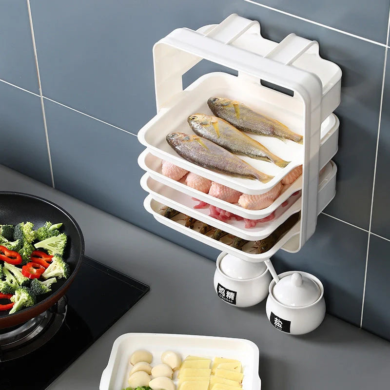 Wall-mounted kitchen shelf with stackable trays in navy blue, white, and coffee colour options