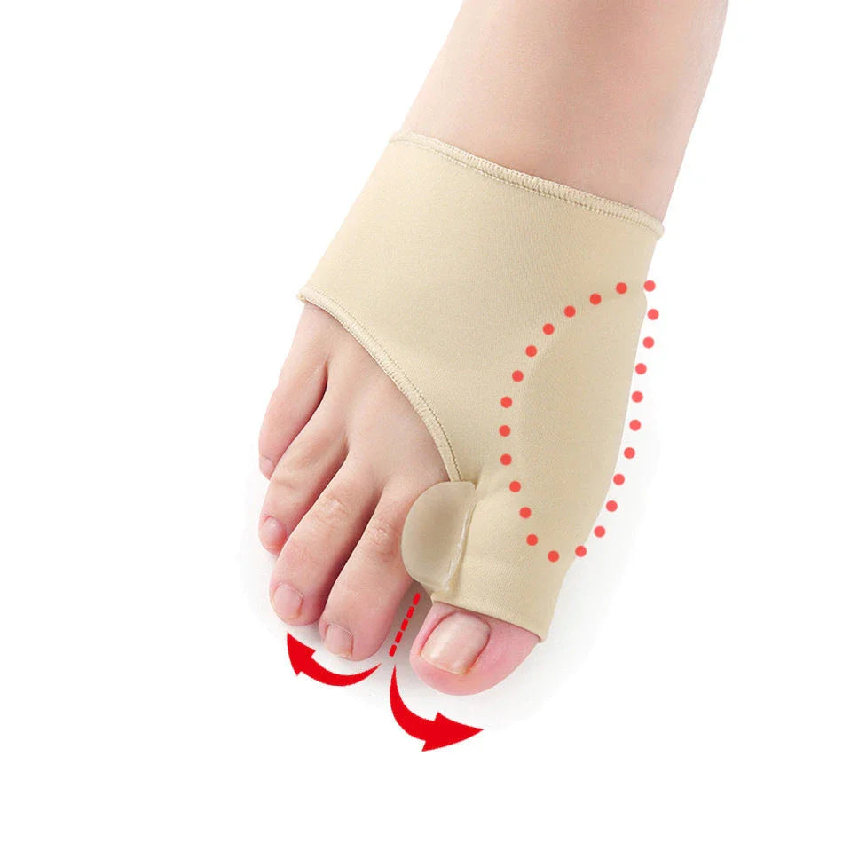 Corrective toe separator socks featuring a gel pad for bunion pain relief and a silicone toe spacer for proper foot alignment