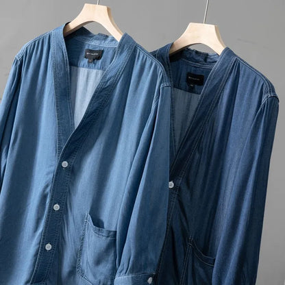Men's dark blue denim coat with three-quarter sleeves and V-neck collar