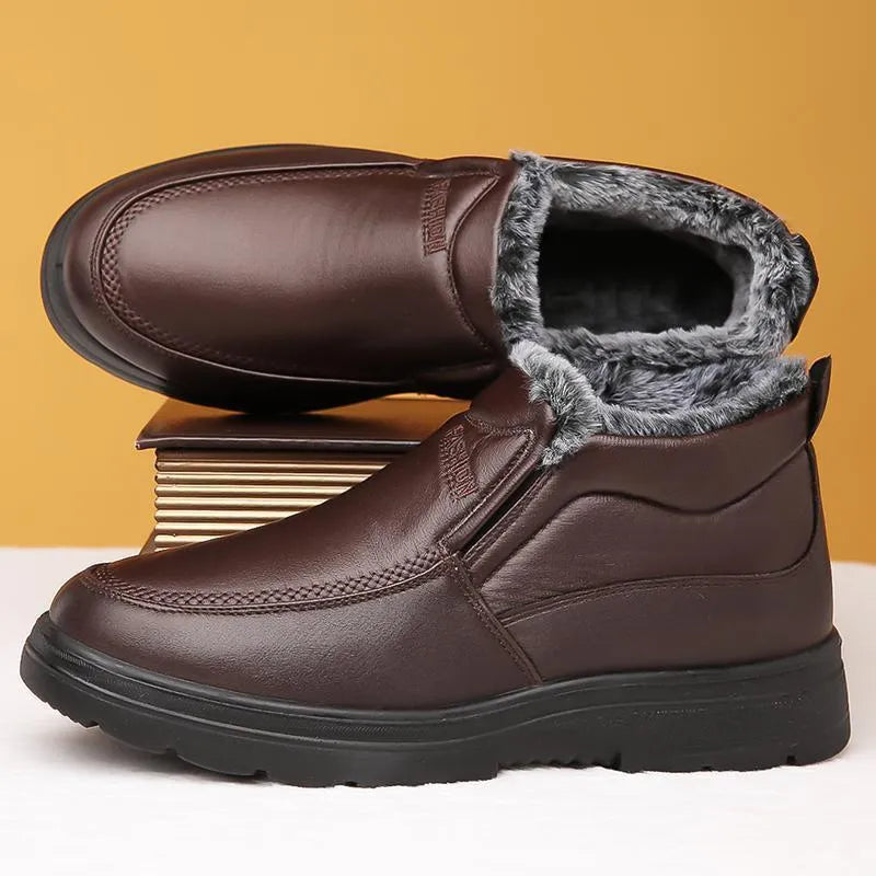 Men's black winter cotton slip-on shoes with fleece lining and rubber soles