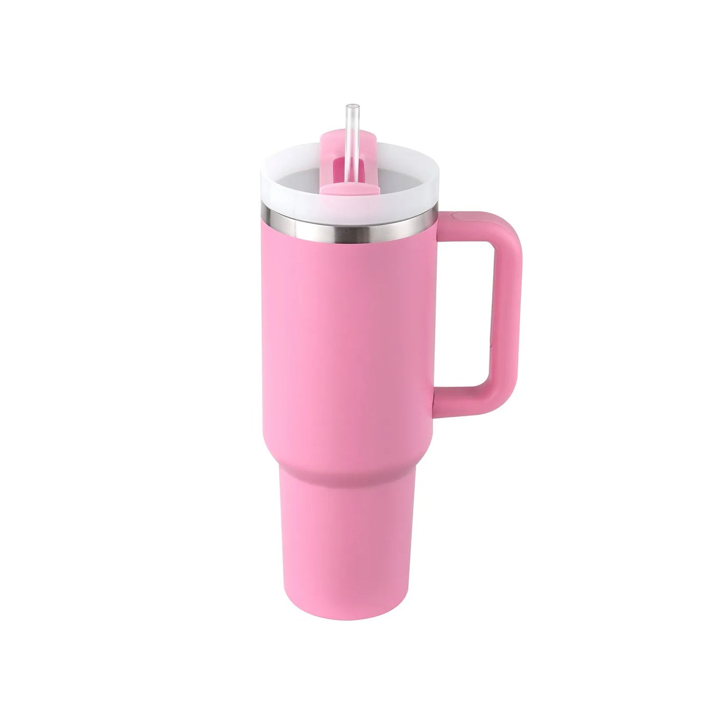 40oz stainless steel tumbler with handle and straw in various colour options showing tapered shape and spill-proof lid