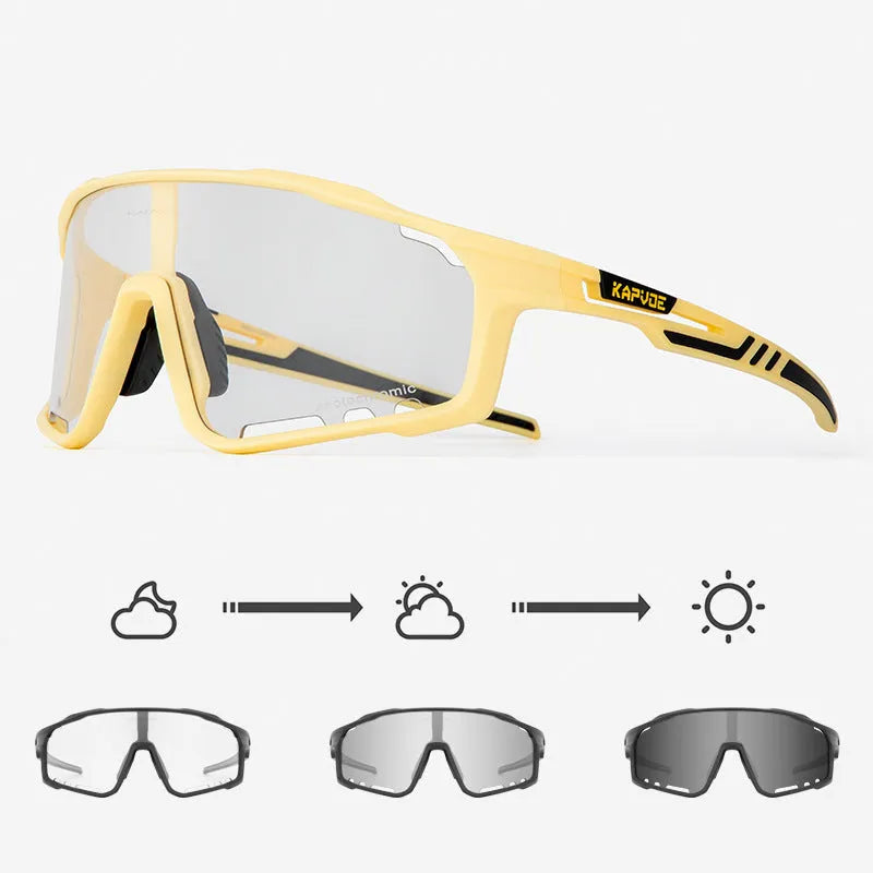 Photochromic cycling sunglasses with TR90 frame in semi-rimless unisex style on a solid colour background.