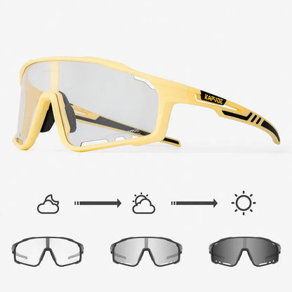 Photochromic cycling sunglasses with TR90 frame in semi-rimless unisex style on a solid colour background.