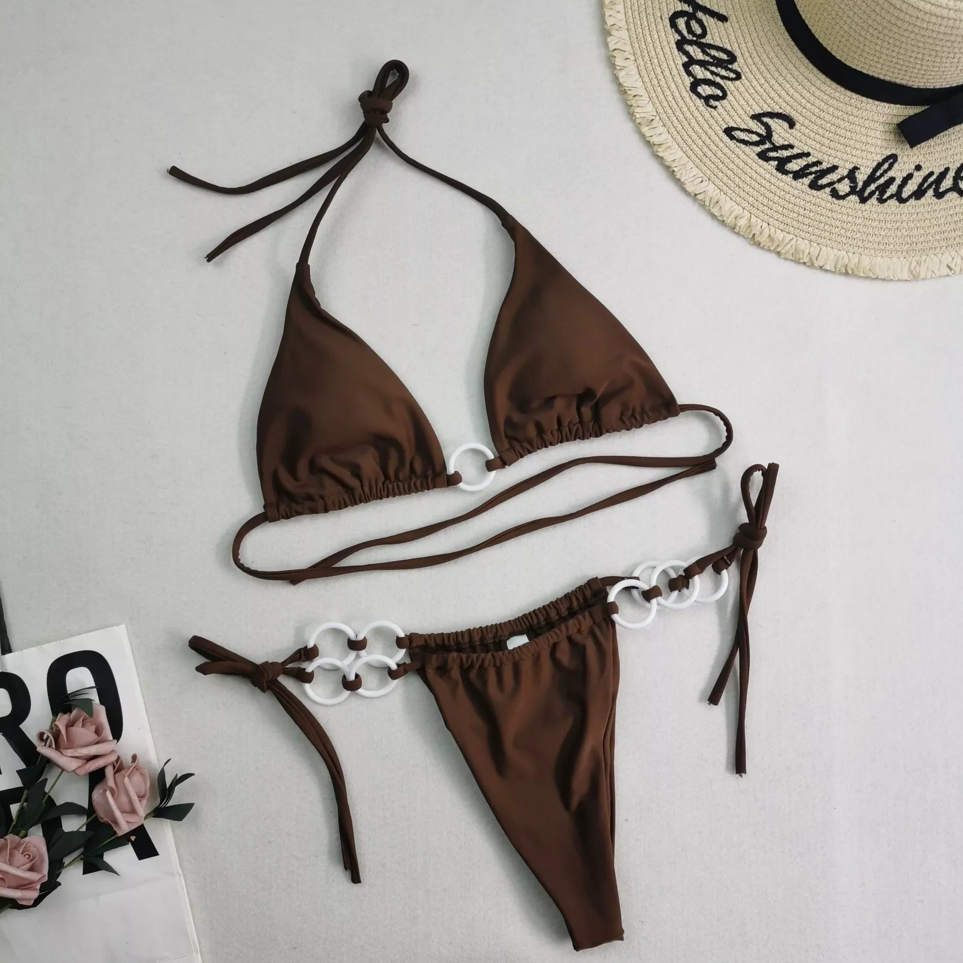 Women's split bikini with lace-up design and double fabric in various colours
