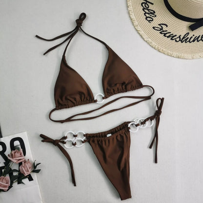 Women's split bikini with lace-up design and double fabric in various colours