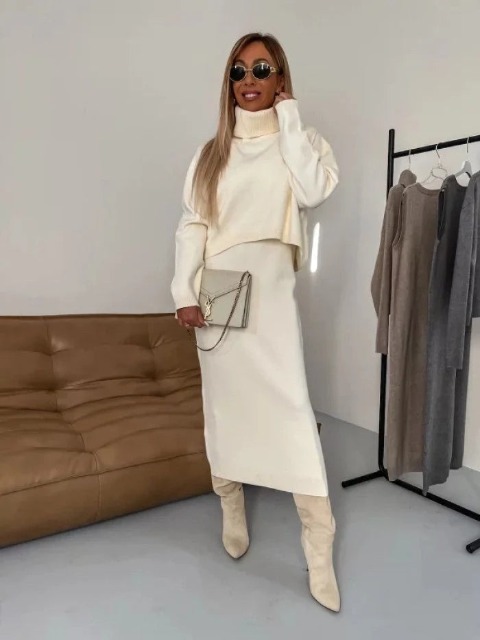 Winter women's 2-piece sweater suit with turtleneck pullover and sleeveless long dress