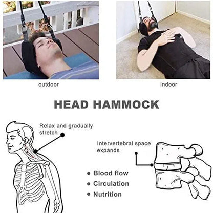 Black neck hammock cervical spine tensioner with velvet, sponge and mesh materials in three-piece set