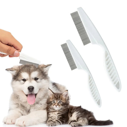 Multifunctional pet comb with fine-tooth stainless steel head, non-slip handle, washable body, in Blue, Rose Red, or White.