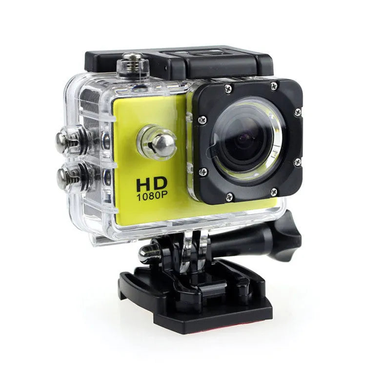 White waterproof sports camera next to its waterproof case and mounting accessory.